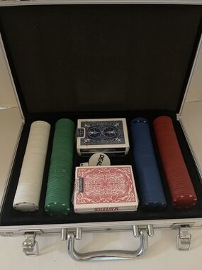 Poker Chip and Playing Card Set with Red, Blue, Green, and White Chips, pre-owed